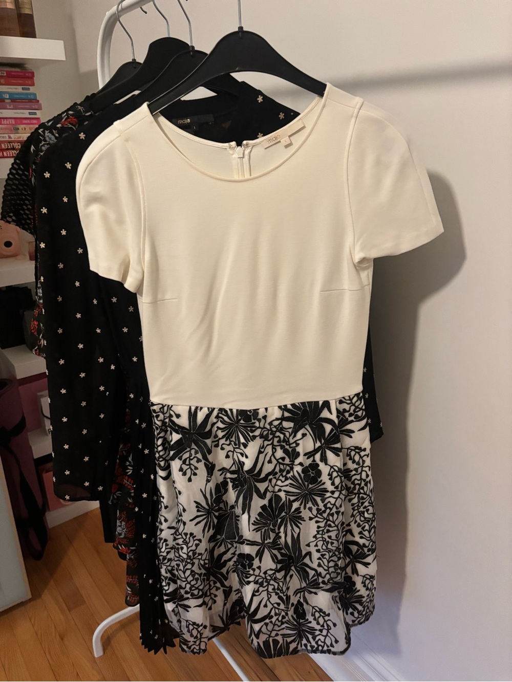 Maje Cream and Black Floral Fit-and-Flare Dress